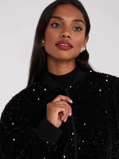 Suzy Shier Long Sleeve|Fashion Tops>Sequin Velvet Bomber Jacket