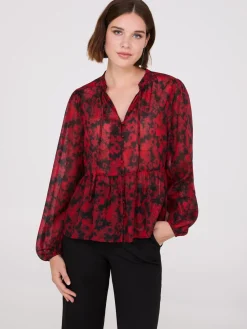 Suzy Shier Tops|Long Sleeve>Shimmer Floral Print Peplum Blouse