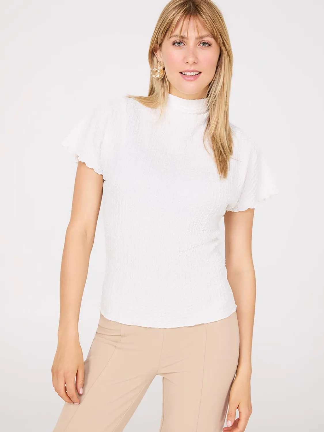 Suzy Shier Tops|Short Sleeve>Short Dolman Sleeve Textured Mock Neck Top