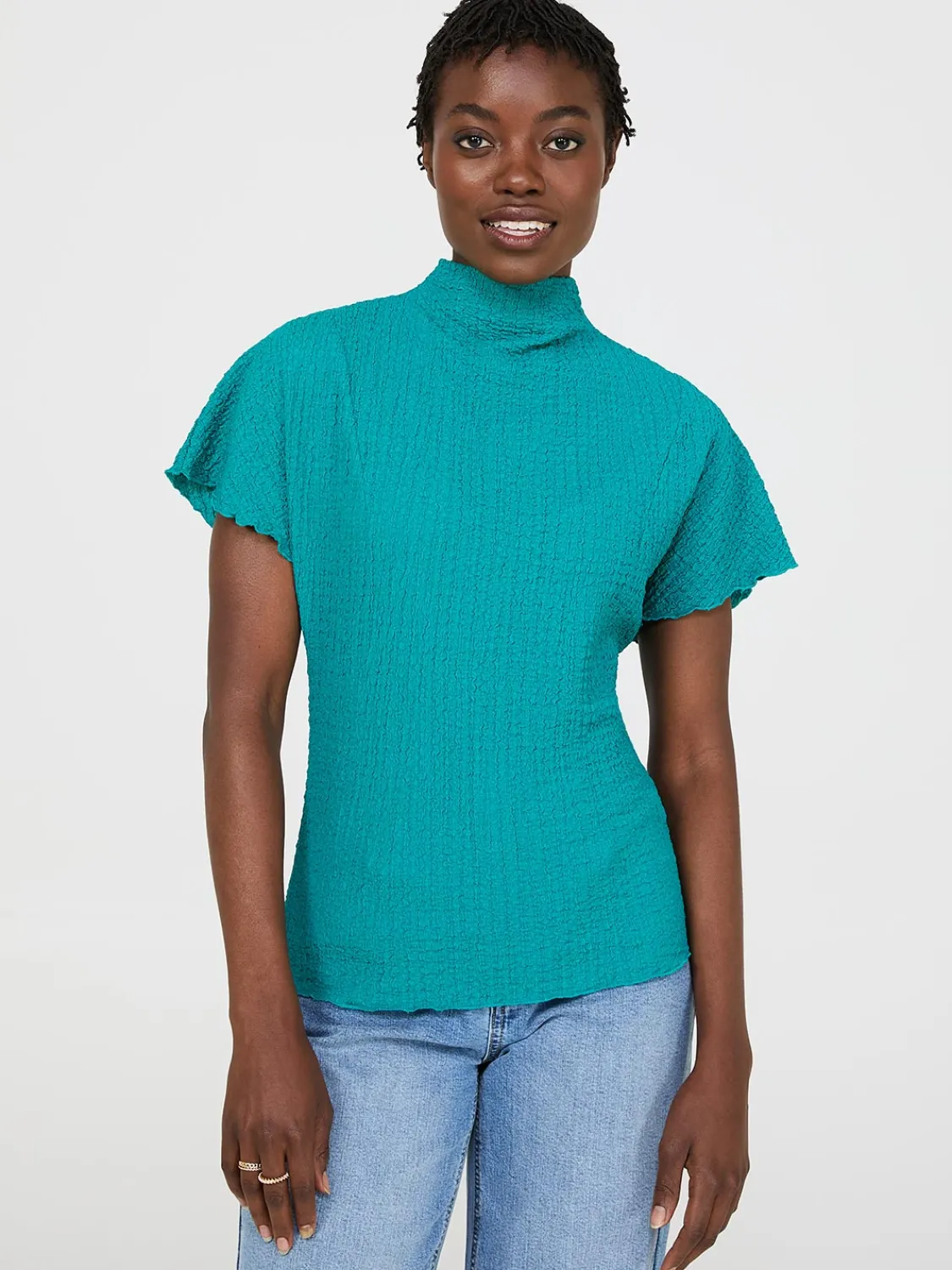 Suzy Shier Tops|Short Sleeve>Short Dolman Sleeve Textured Mock Neck Top