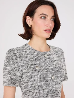Suzy Shier Mini|Work Dresses>Short Sleeve Button-Front Boucle Sheath Dress