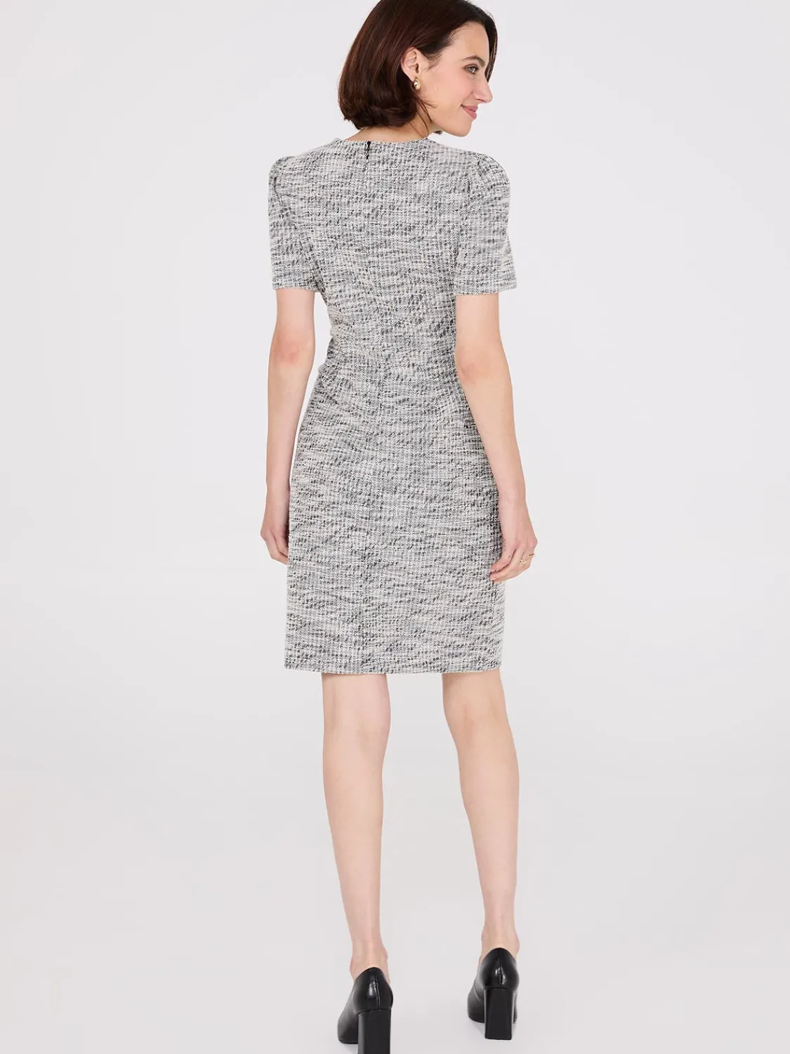 Suzy Shier Mini|Work Dresses>Short Sleeve Button-Front Boucle Sheath Dress