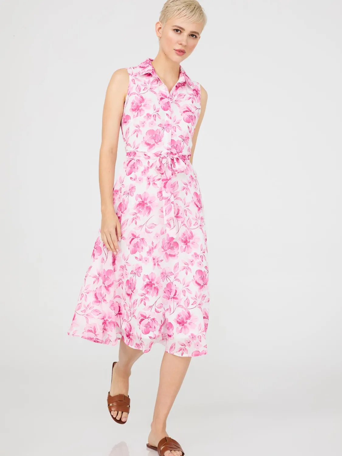 Suzy Shier Casual Dresses|Midi & Maxi>Sleeveless Chiffon Printed Button-Front Midi Dress