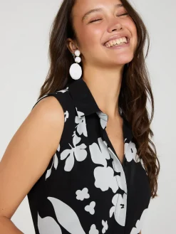 Suzy Shier Midi & Maxi>Sleeveless Floral Print Button-Front Midi Dress