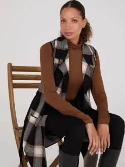 Suzy Shier Sleeveless|Sweaters & Cardigans>Sleeveless Open-Front Plaid Duster