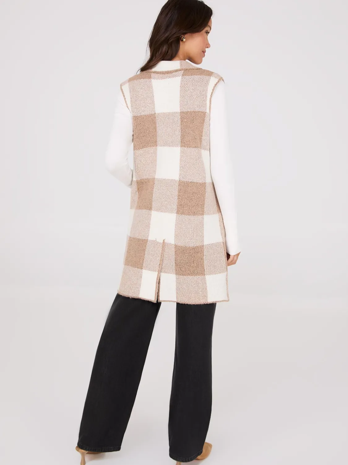 Suzy Shier Sleeveless|Sweaters & Cardigans>Sleeveless Plaid Collared Duster