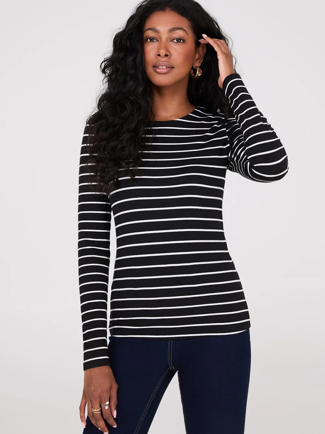 Suzy Shier Suzy Everyday|Long Sleeve>Striped Long Sleeve Round Neck Top