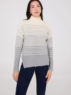 Suzy Shier Long Sleeve|Sweaters & Cardigans>Striped Mock Neck High-Low Sweater