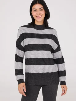 Suzy Shier Long Sleeve|Sweaters & Cardigans>Striped Mock Neck Sweater With Side Slits
