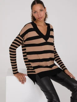 Suzy Shier Long Sleeve|Sweaters & Cardigans>Striped Ribbed V-Neck Tunic Top