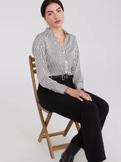 Suzy Shier Tops|Long Sleeve>Striped Satin Notch Collar Blouse