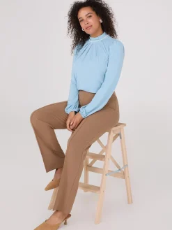 Suzy Shier Tops|Long Sleeve>Textured Mock Neck Top With Pearl Details