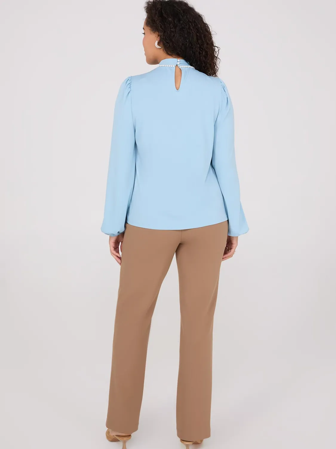 Suzy Shier Tops|Long Sleeve>Textured Mock Neck Top With Pearl Details