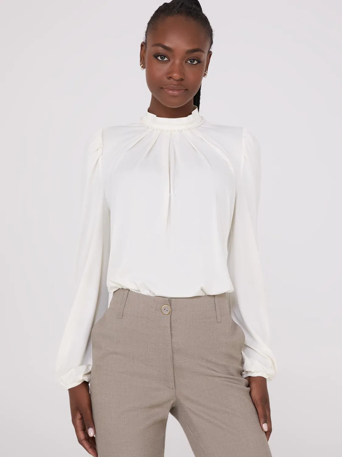 Suzy Shier Tops|Long Sleeve>Textured Mock Neck Top With Pearl Details