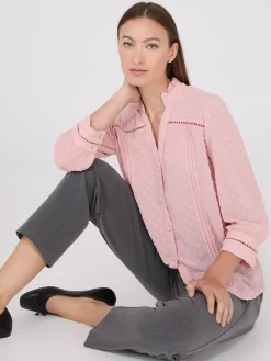 Suzy Shier Tops|Blouses>Textured Split Collar Button-Front Blouse