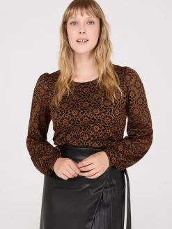 Suzy Shier Tops|Long Sleeve>2-Tone Lace Balloon Sleeve Top