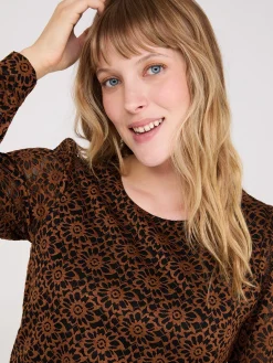 Suzy Shier Tops|Long Sleeve>2-Tone Lace Balloon Sleeve Top