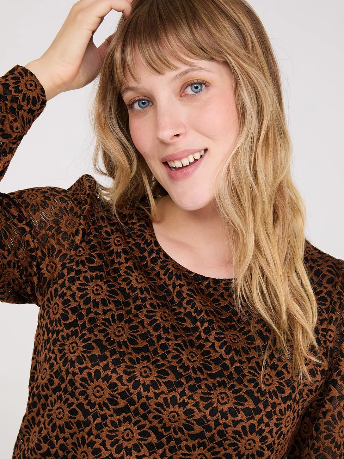 Suzy Shier Tops|Long Sleeve>2-Tone Lace Balloon Sleeve Top
