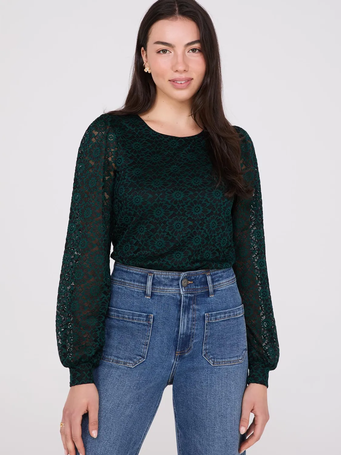 Suzy Shier Tops|Long Sleeve>2-Tone Lace Balloon Sleeve Top