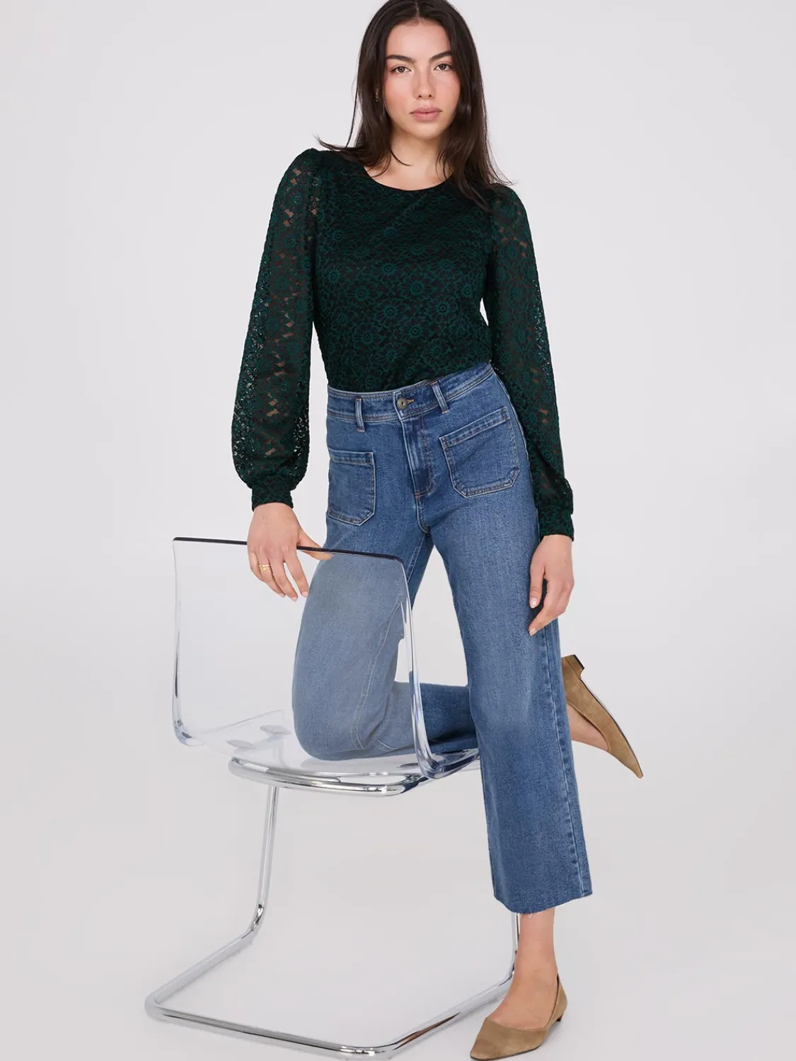 Suzy Shier Tops|Long Sleeve>2-Tone Lace Balloon Sleeve Top