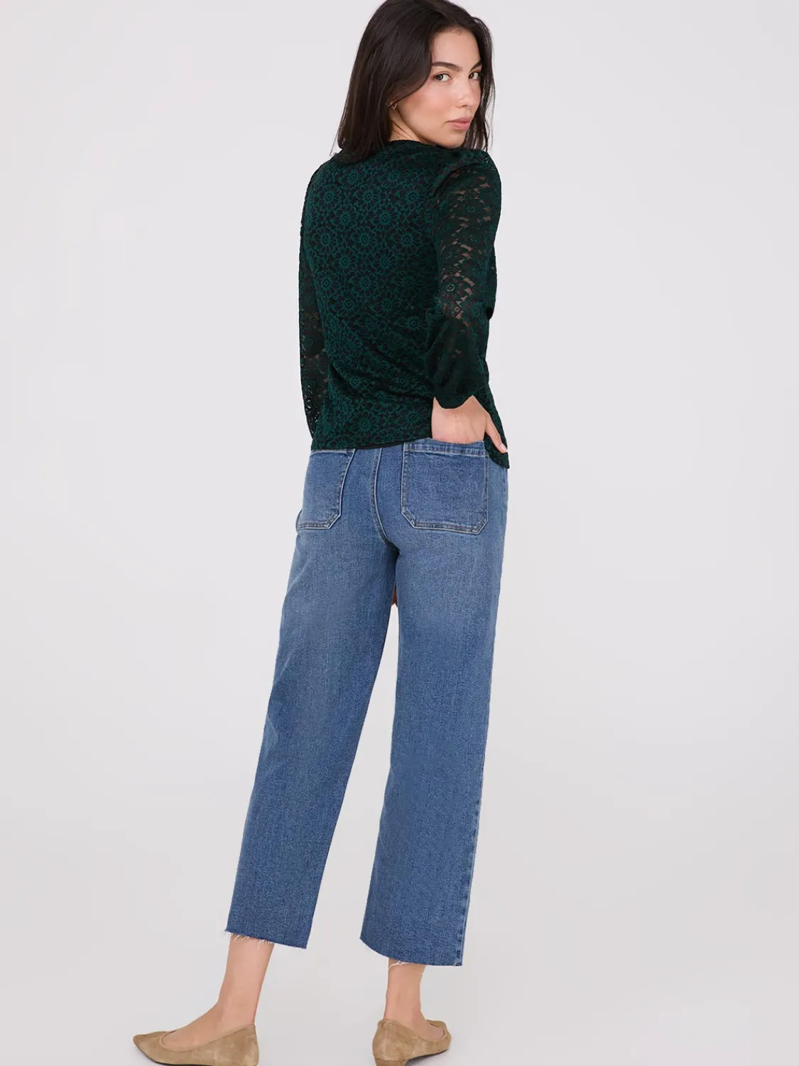 Suzy Shier Tops|Long Sleeve>2-Tone Lace Balloon Sleeve Top