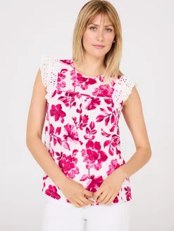 Suzy Shier Tops|Short Sleeve>Watercolour Floral Print Top With Eyelet Ruffle Sleeves