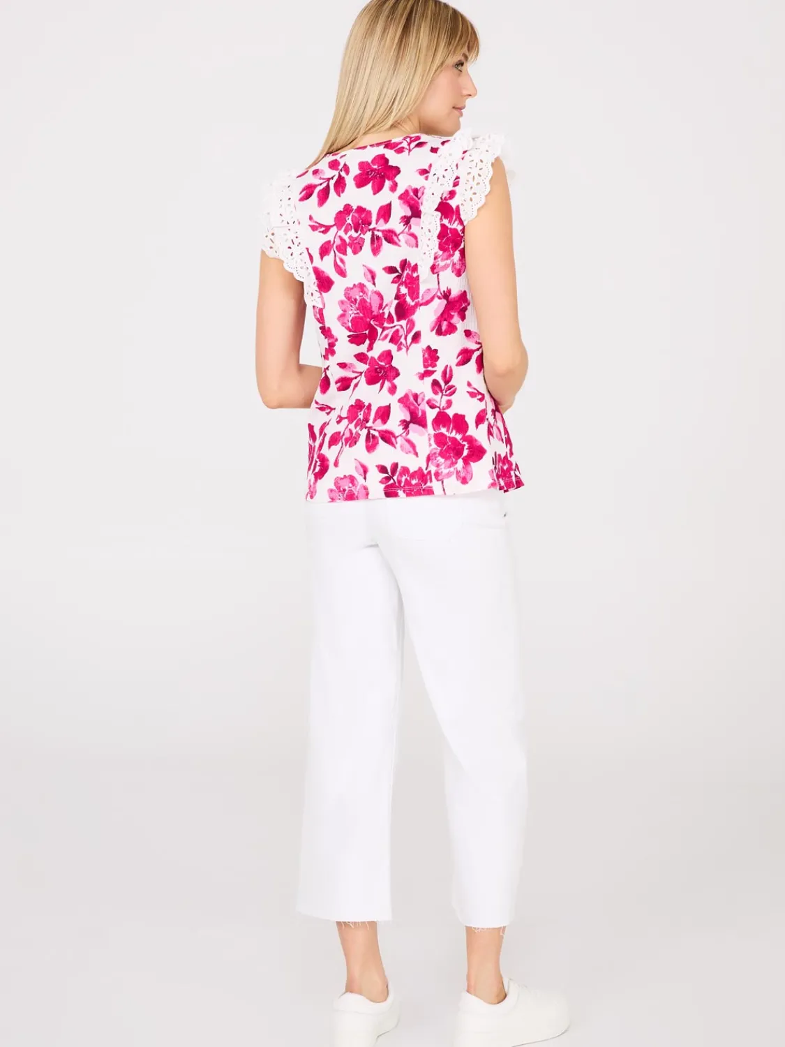 Suzy Shier Tops|Short Sleeve>Watercolour Floral Print Top With Eyelet Ruffle Sleeves