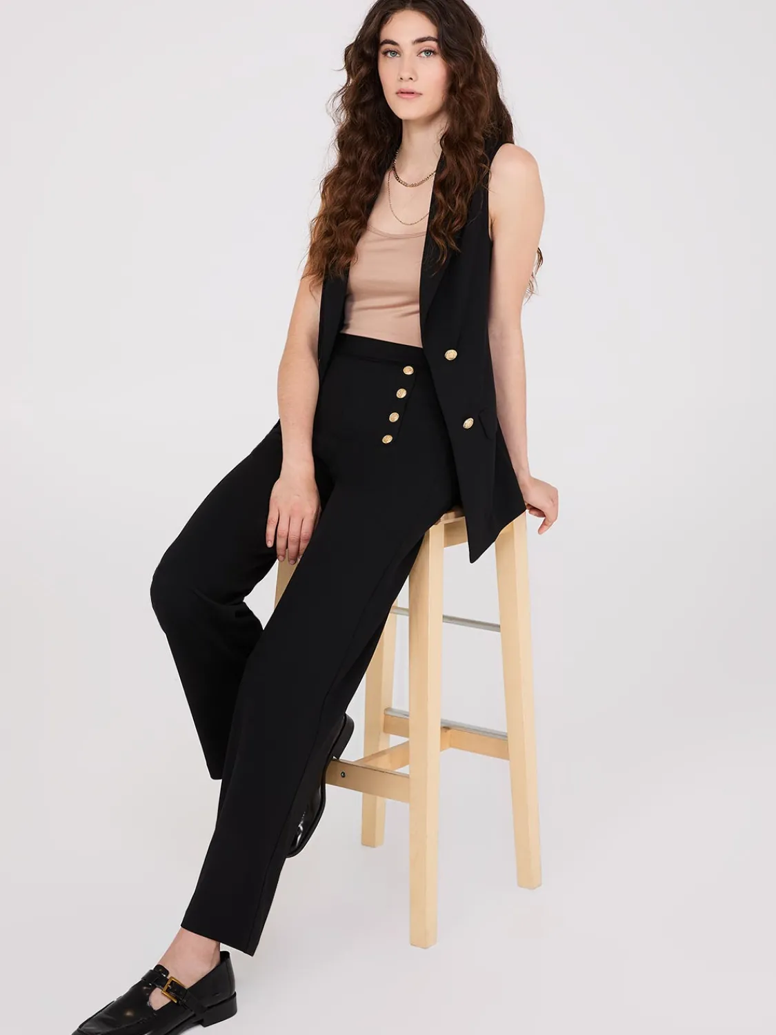 Suzy Shier Suiting|Bottoms>Wide-Leg Pants With Gold Button Details