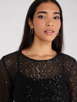 Suzy Shier Long Sleeve|Fashion Tops>Zig-Zag Sequin Mesh Top WIth Cami