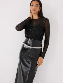 Suzy Shier Long Sleeve|Fashion Tops>Zig-Zag Sequin Mesh Top WIth Cami