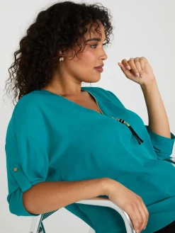 Suzy Shier Tops|Short Sleeve>Zip Front V-Neck Top