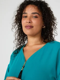 Suzy Shier Tops|Short Sleeve>Zip Front V-Neck Top